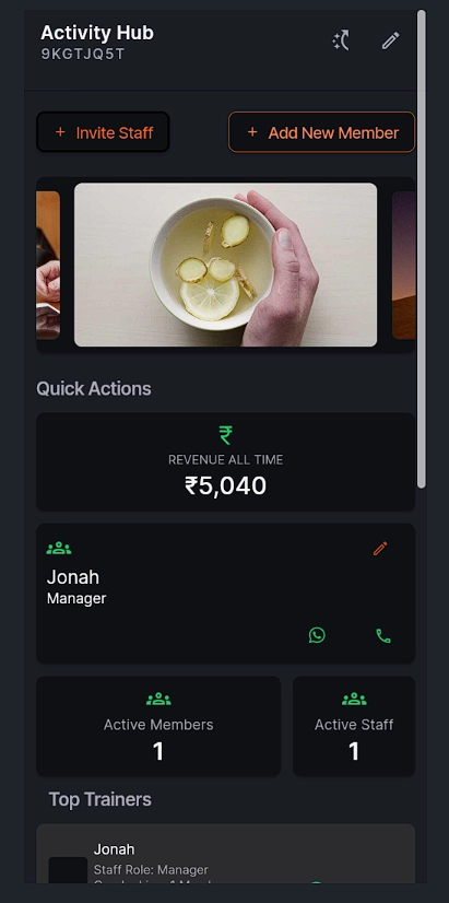 MemberFlow club dashboard showing revenue, active members, staff, and quick actions