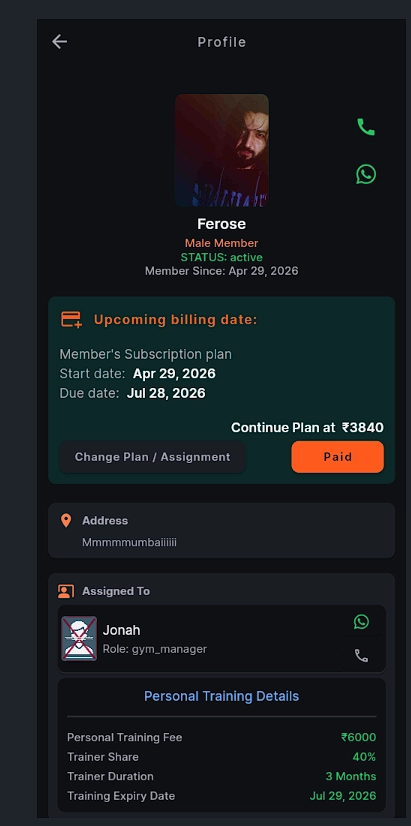 MemberFlow member profile with billing dates, plan, and assigned trainer details